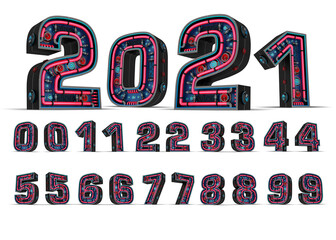 Black number with Red and blue Neon light 3d rendering illustration.