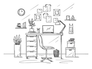 Fototapete - Sketch the room. Office chair, desk, various objects on the table. Sketch workspace. Vector