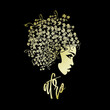 Beautiful Afro-American woman portrait.Flower wig and elegant makeup.Profile view face.Hair salon and beauty studio logo.Fashion icon.Gold colored.