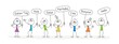 Doodle stick figure: Multilingual greeting. Hello in different languages. Vector.