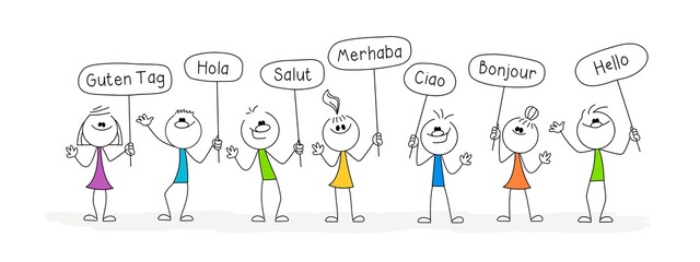 Sticker - Doodle stick figure: Multilingual greeting. Hello in different languages. Vector.