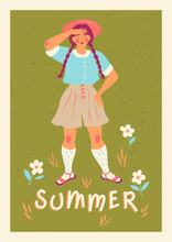 Vector Postcard With The Woman In Retro Clothes And A Straw Hat On A Flower Meadow And The Lettering "summer".