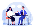 © Bro Vector - Candidate and HR manager having job interview. Business man and woman meeting at table, talking with speech bubbles. illustration for conversation, career, human resource concept