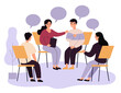 People suffering from problems, attending psychological support meeting. Patients sitting in circle, talking. illustration for group therapy, counseling, psychology, help, conversation concept