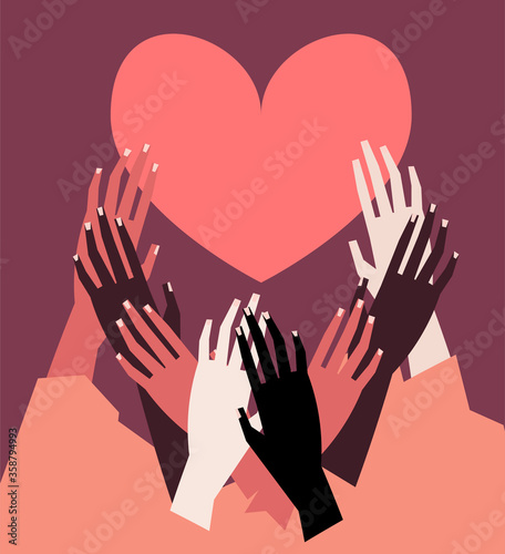 Fotomural Human hands with different skin color stacked together for support
