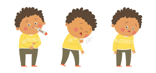 Cute sick african american boy. Flu symptoms fever, cough, tiredness. Cartoon hand drawn10 illustration isolated on white background in a flat style.