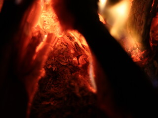 Close up shot of firewood burning in a fireplace-texture or background, abstract