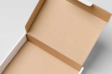 Wall Mural - Cardboard postal, mailing box mockup with opened lid, closeup.