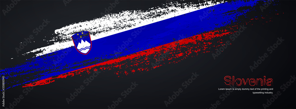 Grunge brush of Slovenia flag on shiny black background. Elegant ...