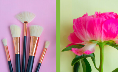 premium makeup brushes and pink peony flower on a colored pink and yellow background, creative cosmetics flat lay