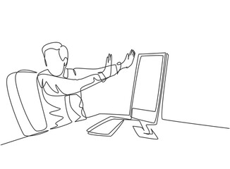 Poster - one continuous line drawing of young frightened businessman keep of himself from monitor computer be