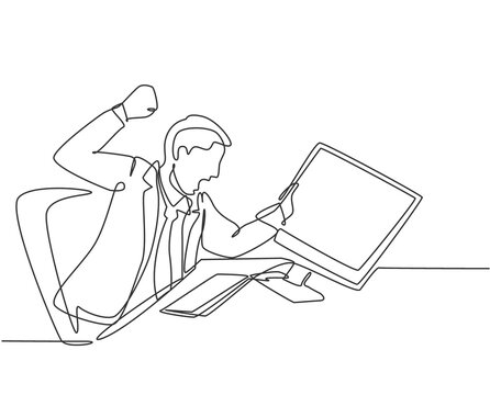 Single continuous line drawing of young frustrated employee ready to punch monitor computer using his fist hand. Work pressure at the office concept one line draw graphic design vector illustration