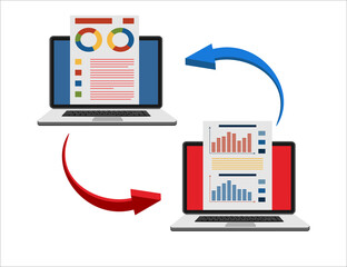 Poster - File transfer. Two laptops with document on screen and transferred documents. Copy files, data exchange, backup, PC migration, file sharing concepts. Flat design graphic elements. Vector illustration