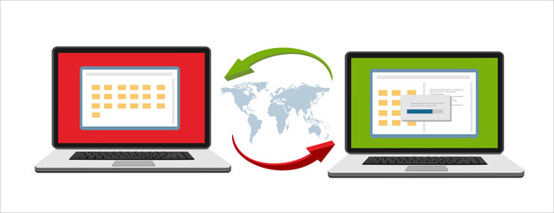 Poster - File transfer. Two laptops with document on screen and transferred documents. Copy files, data exchange, backup, PC migration, file sharing concepts. Flat design graphic elements. Vector illustration