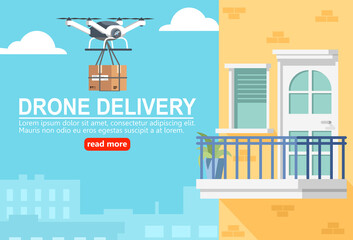 Safe Contactless Delivery concept. Drone with parcel box fly to Customer at balcony home.Social Distancing, New Normal, Coronavirus Epidemic.Vector illustration flat design for banner, and background.