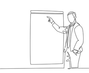 Fototapete - Single continuous line drawing of young business coach pointing finger to the screen board while coaching in front of class. Business coaching concept one line draw design vector graphic illustration
