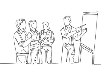 Wall Mural - One single line drawing of young happy manager giving presentation about increasing product sales to his team at the office. Group meeting concept continuous line draw design vector illustration