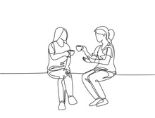 Single Continuous Line Drawing Of Two Young Female Worker Have A Casual Chat Over Drink Coffee During Office Break. Having Small Talk At Work Concept One Line Draw Graphic Design Vector Illustration