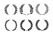 Collection of black round laurel, olive and leaf wreaths for manuscripts, awards, logo, emblem, achievements and reviews. Isolated vector illustrations set on white background. Laurel wreath icons set