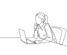 One Single Line Drawing Of Young Female Employee Sitting In Front Of The Laptop And Thinking Business Solution At The Office. Business Idea Concept Continuous Line Draw Design Vector Illustration