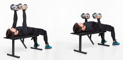 Wall Mural - Young man posing with dumbbell sitting on bench, on white background. Fitness exercises with dumbbells concept.