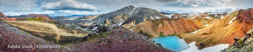 Panoramic view of colorful Icelandic rainbow volcanic Landmannalaugar mountains, famous Laugavegur hiking trail, group of hikers, hidden lake and iconic volcanic mount Brennisteinsalda in Iceland
