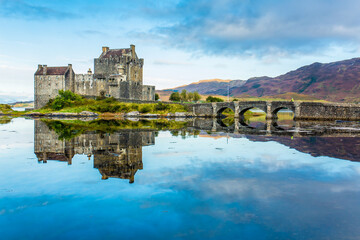 Reflection of Eilean Donan Castle in the morning - Dornie, Scotland - United Kingdom