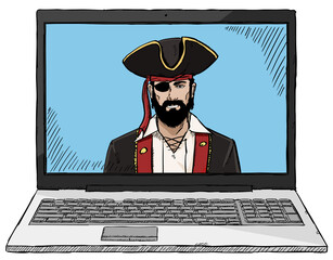 Wall Mural - Sketch style colorful computer pirate hacking laptop	
