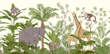 Jungle Animal Wallpaper With Tropical Vegetation And Giraffes, Elephant And Monkeys Hidden In The Foliage, Colored Vector Illustration