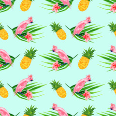 Wall Mural - tropical seamless pattern with pink parrots, pineapples and hibiscus flowers on a mint color background, watercolor elements illustration.