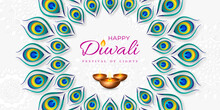 Diwali Festival Holiday Design With Paper Cut Style Of Peacock Feather And Diya - Oil Lamp. Round Frame On White Background. Vector Illustration.