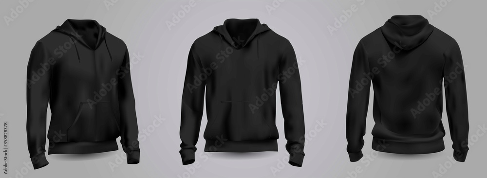 Black men's hooded sweatshirt mockup in front, back and side view, isolated on a gray background. 3D realistic vector illustration, pattern formal or casual sweatshirt. - obrazy, fototapety, plakaty 