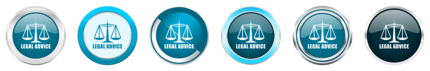 Poster - Legal advice silver metallic chrome border icons in 6 options, set of web blue round buttons isolated on white background
