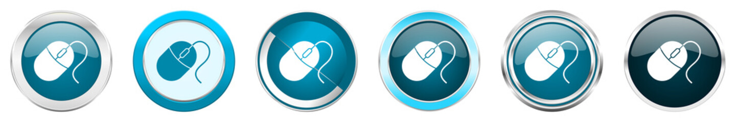 Aufkleber - Mouse silver metallic chrome border icons in 6 options, set of web blue round buttons isolated on white background