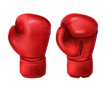 Realistic Red Boxing Gloves, Pairs Of Boxing Equipment To Protecting Hands In Fist Fight. Vector Illustration Isolated On White Background. Sportswear For A Kick Workout. Symbol Of Combat, Competition
