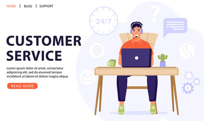 Wall Mural - Customer service, online assistant or call center concept. Man operator with headset talking with client. Online technical support 24/7. Vector web page banner illustration.