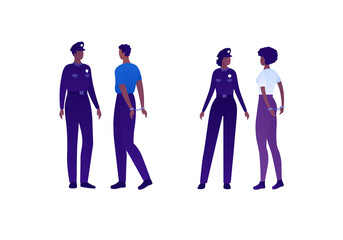 Wall Mural - Police security character concept. Vector flat person illustration set. Group of african american people. Man and woman officer with arrested in handcuffs. Design element for banner, infographic, web.