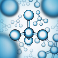 EPS 10. Vector illustration molecule structure science background. Healthcare medicine 3d illustration. Chemistry background with blue cell or atom. Nuclear biotechnology, dna formula research.