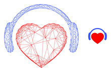 Web Network Romantic Heart DJ Vector Icon. Flat 2d Carcass Created From Romantic Heart DJ Pictogram. Abstract Carcass Mesh Polygonal Romantic Heart DJ. Linear Carcass 2D Mesh In Eps Vector Format,