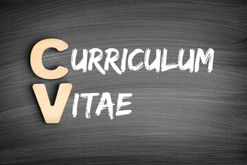Aufkleber - cv - curriculum vitae acronym, business concept on blackboard