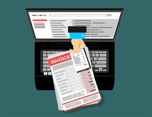 Online digital invoice laptop or notebook with bills, flat design illustration.