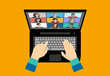 Young man is participating in an online conference.Conference video call. Online communication. Working from home. Remote project management, online education, online lessons.