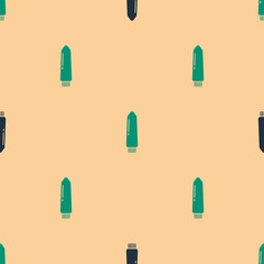 Green and black Dildo vibrator for sex games icon isolated seamless pattern on beige background. Sex toy for adult. Vaginal exercise machines for intimate.  Vector Illustration