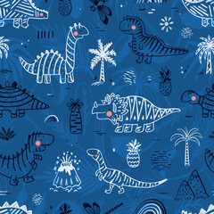 Cartoon Dinosaur Vector Seamless pattern for kids fashion. Childish Blue Background with Hand drawn doodle Striped Cute Dinosaurs
