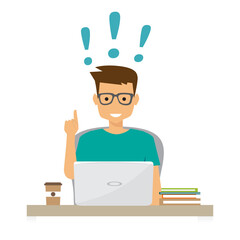 Wall Mural - Man sitting at a computer, exclamation marks, concept of a new idea. Vector illustration