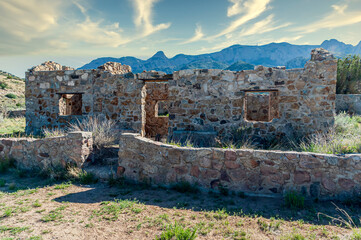 Sticker - Old Stone House and Wall in front of Mountains