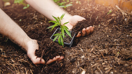 Wall Mural - Farmer grows seedlings of hemp baby marijuana seedling in soil of greenhouse. Cannabis plantation in sunlight