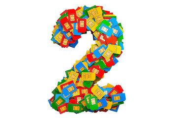 Poster - Number 2 from colored SIM cards, 3D rendering