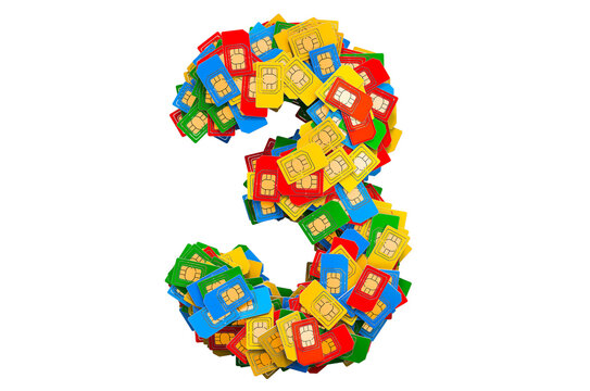 Number 3 from colored SIM cards, 3D rendering