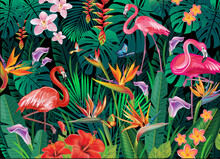 Tropical Background From Tropical Flowers And Flamingoes